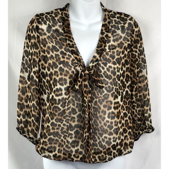 Spoiled chiffon Top M Brown Leopard plunge V-Neck Bow Accent Retro Glam Y2K punk - Picture 6 of 6
